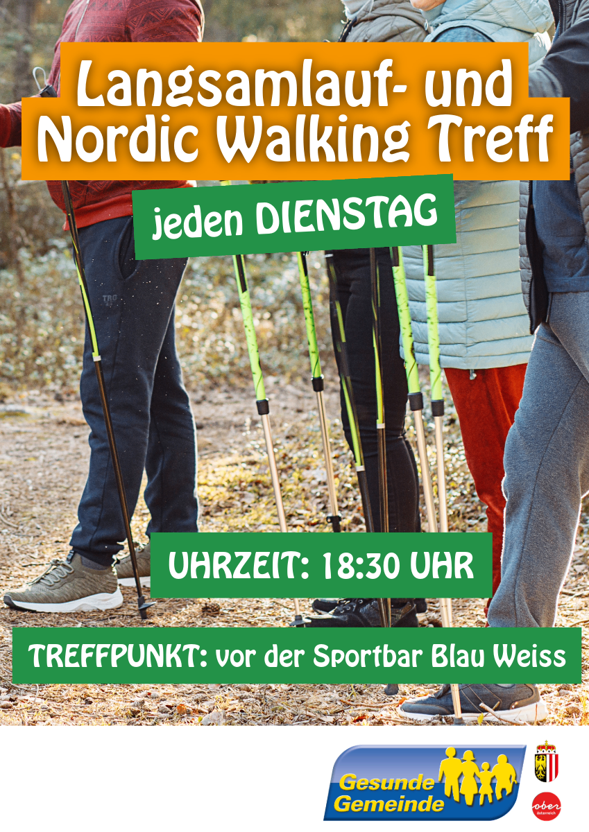 People using trekking poles stand in a line. It reads Nordic Walking Meeting every Tuesday at 6:30 PM at Sportbar Blau Weiss.