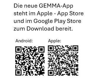 Die neue GEMMA-App ist im Apple App Store und im Google Play Store zum Download verfügbar. QR-Codes für Android und Apple-Geräte werden bereitgestellt.