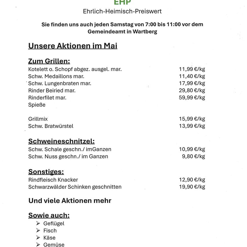 Dieses Dokument listet die Preise verschiedener Fleisch-, Wurst- und anderer Produkte zum Verkauf auf. Die Preise sind in Euro pro Kilogramm angegeben. Produkte umfassen Schweinefleisch, Rindfleisch, Geflügel und verschiedene Stücke. Andere Artikel beinhalten Geflügel, Fisch, Käse und Gemüse.