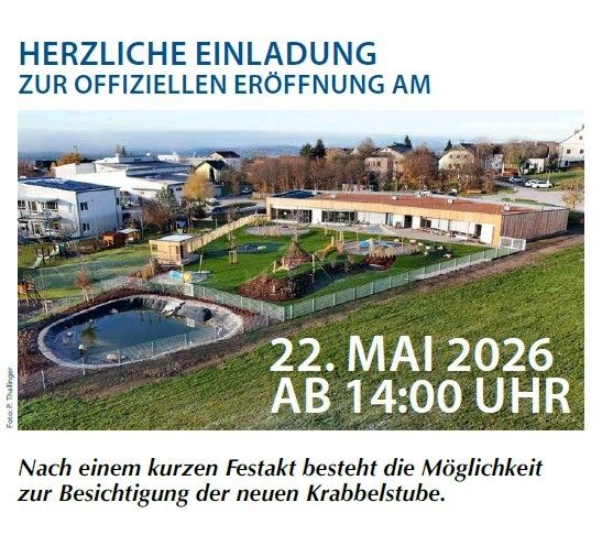 Invitation to the official opening on May 22, 2026 at 2:00 PM. After a short celebration, there will be a chance to visit the new kindergarten.