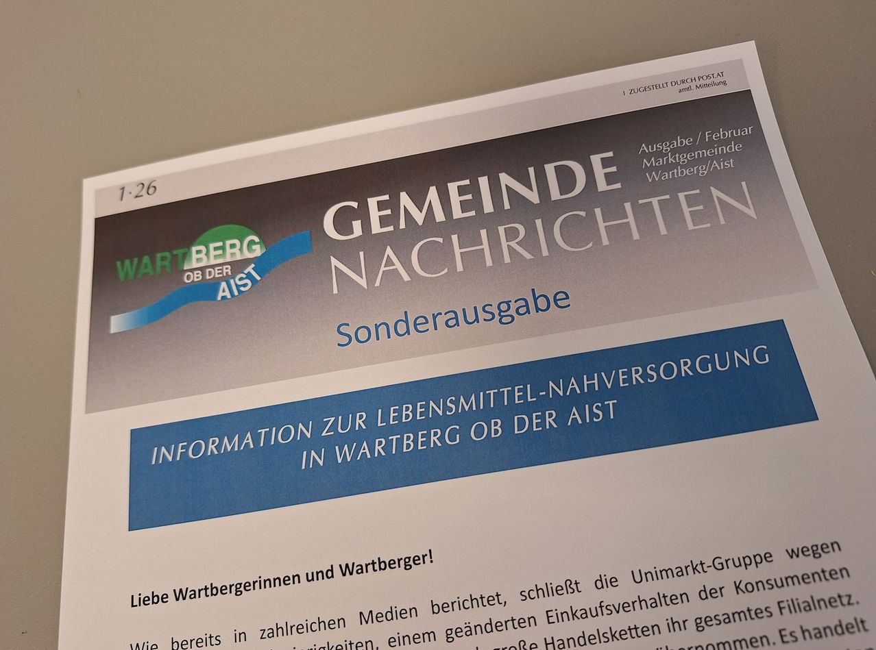 Das Dokument zeigt eine Bekanntmachung über die Gemeindegerichtsnachrichten vom 1.26, herausgegeben von Wartberg ob der Aist. Es enthält Informationen über die lokale Versorgung in Wartberg ob der Aist.
