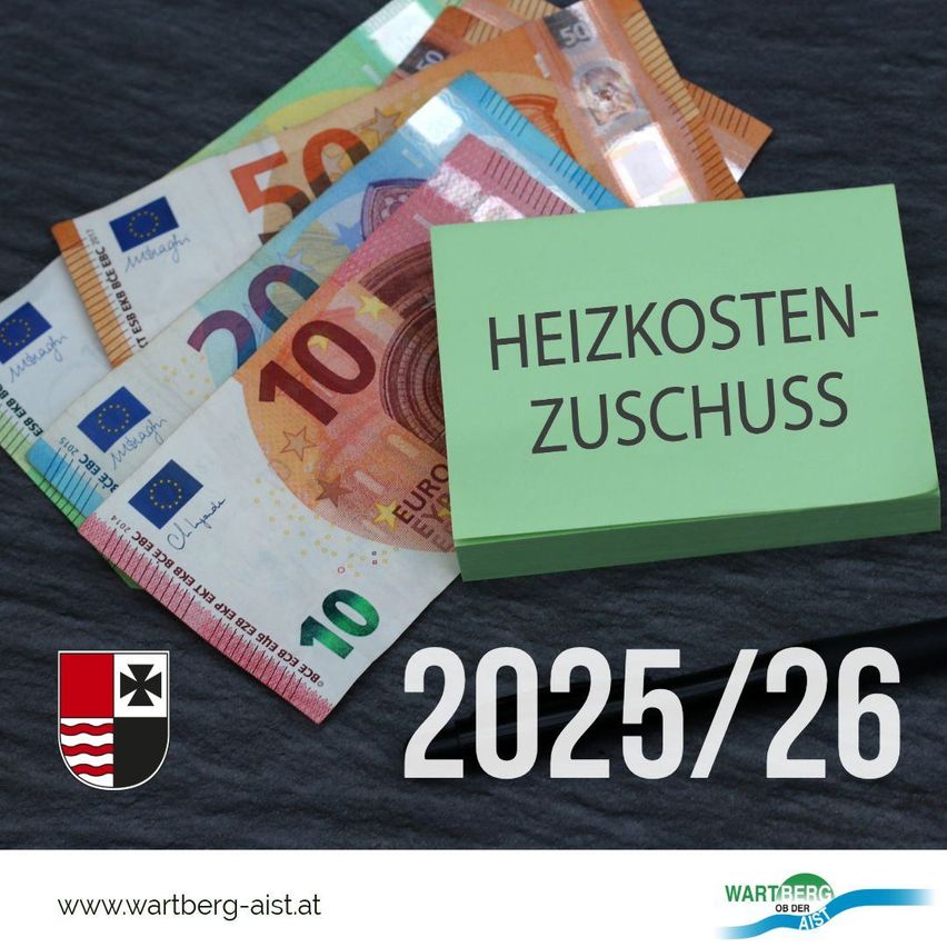 Euro-Banknoten mit einem Schild Heizkosten-Zuschuss 2025/26. Ein schwarzer Hintergrund mit Logo und Website.