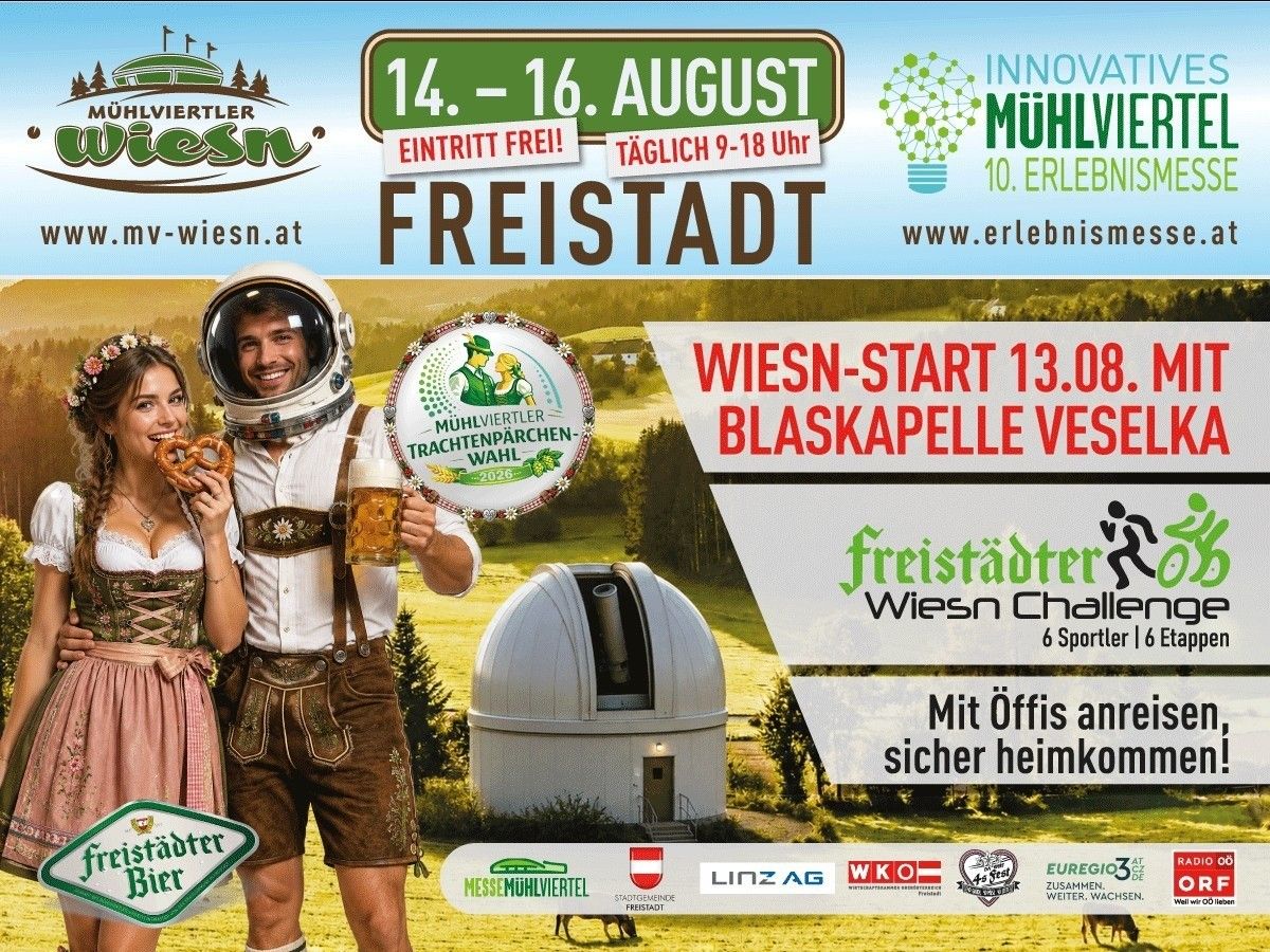 Poster for Freistadt event from August 14-16, featuring a man and woman in traditional Bavarian attire, a telescope, and a beer. The event includes free admission and activities from 9 AM to 6 PM.