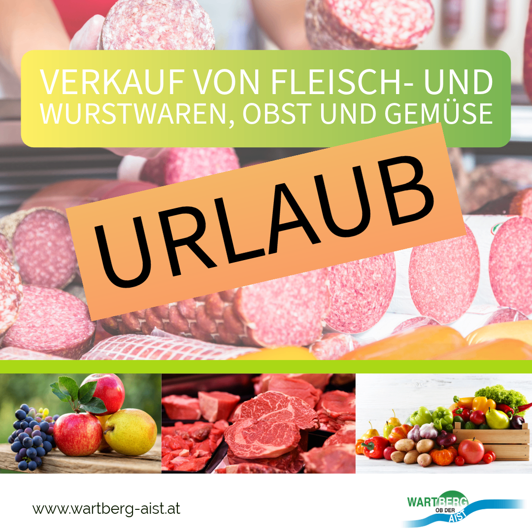 An advertisement for the sale of meat and sausage products, fruit, and vegetables. The image features a collage of various food items and a website address.