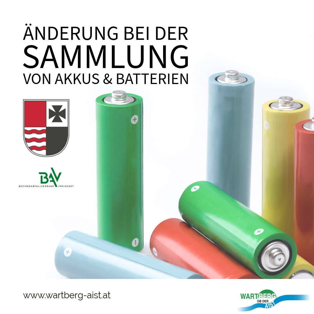 Eine Werbung für die Sammlung von Akkus und Batterien, mit verschiedenen farbigen Batterien und einem Logo für Wartberg-AIST.