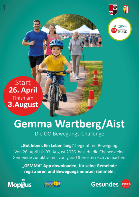 Poster for a fitness challenge featuring a family of four engaging in various physical activities. The boy rides a bicycle, the man runs, the woman walks, and the elderly woman uses walking sticks. The poster includes the dates April 26 to August 3, 2026, and the slogan 'Good living. A long life.'
