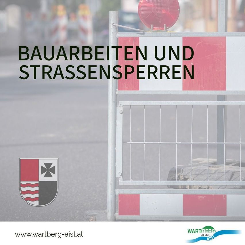 Ein Baustellenschild mit einem rot-weiß gestreiften Hindernis und einem Logo auf der linken Seite. Der Text lautet 'Bauarbeiten und Strassensperren'. Unter dem Schild befindet sich eine Website-Adresse.