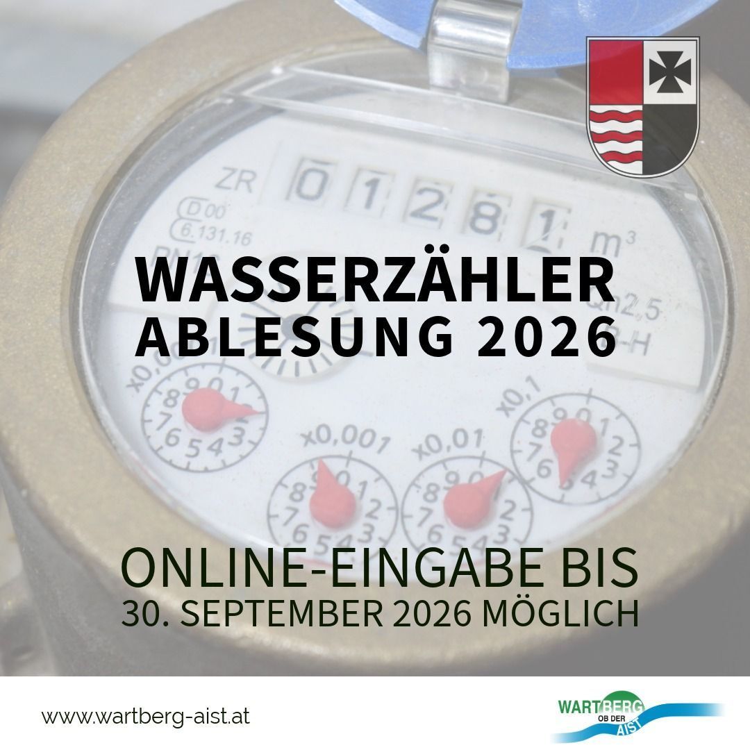 Ein Wasserzähler mit den Zahlen 0, 1, 2, 8 und 1 angezeigt. Der Text lautet 'Wasserzähler Abrechnung 2026 Online-Eingabe bis 30. September 2026 möglich'. Der Zähler ist auf einem grauen Hintergrund platziert.
