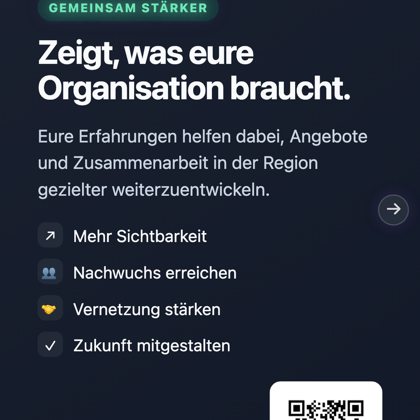 Ein Werbebild für eine Organisation, das ihre Mission zur Wachstums- und Stärkung durch regionale Zusammenarbeit hervorhebt. Es enthält einen QR-Code für weitere Informationen.