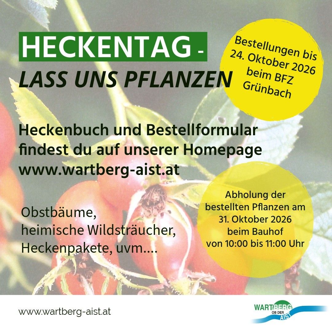 Plakat für die Heckentaag-Veranstaltung mit roten Beeren und Blättern. Es enthält Details zum Bestellen und Abholen von Pflanzen.