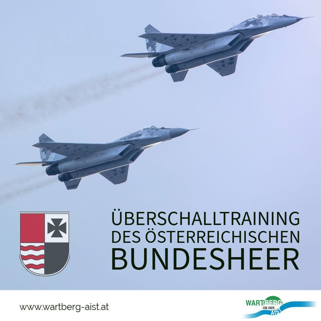 Zwei Militärjets im Formationsflug mit Rauchschwaden, beschriftet mit 'Uberschalltraining des Osterreichischen Bundesheer'. Ein Logo ist unter den Jets sichtbar.