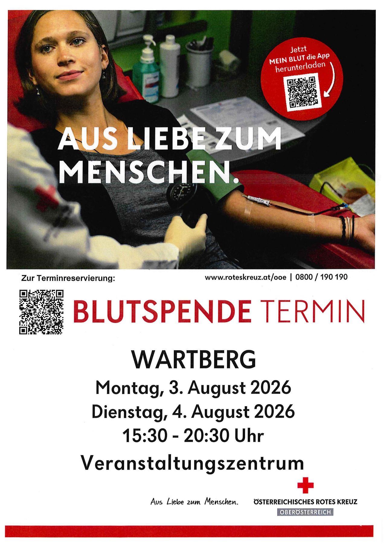 Ein Plakat für eine Blutspende-Veranstaltung am Wartberg am 3.-4. August 2026. Eine Frau spendet Blut, mit dem deutschen Text 'AUS LIEBE ZUM MENSCHEN' und 'BLUTSPENDE TERMIN'. QR-Codes für die Reservierung sind vorhanden.