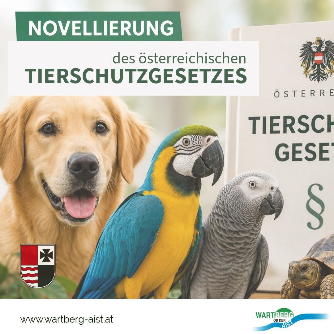 An advertisement featuring a golden retriever, a parrot, and a parrot next to a book titled 'Novellierung des osterreichischen Tierschutzgesetzes' with a coat of arms in the corner.