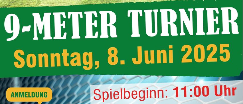 Plakat für ein 9-Meter-Fußballturnier am 8. Juni 2025. Details umfassen Startzeit, Anzahl der Spieler, Teamgebühr und einen QR-Code für die Anmeldung.