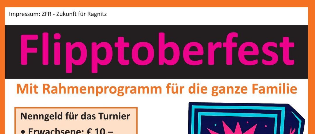 Plakat für eine Familienveranstaltung mit einer farbenfrohen Arcade-Spiel-Illustration. Eintrittspreise für Erwachsene, Jugendliche und Kinder aufgeführt. Kostenloser Eintritt mit Programm und kostenlosem Spiel inklusive. Datum: Samstag, 4. Oktober 2025.