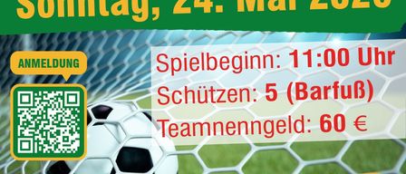 Poster for a soccer tournament. Date: Sunday, May 24, 2026. Time: 11:00 AM. Teams: 5. Team entry fee: 60 euros. QR code for registration.