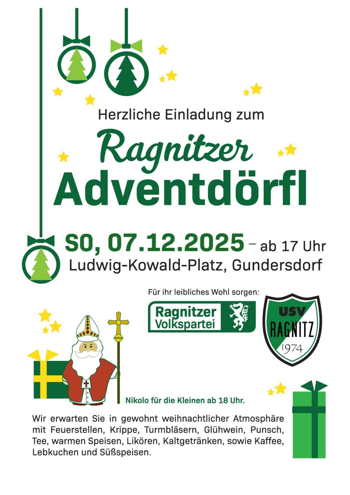 Plakat für Ragnitzer Adventdorf-Veranstaltung am 7. Dez. 2025, Ludwig-Kowald-Platz, Gundersdorf. Zeigt Nikolaus und Logos von Ragnitzer Volkspartei und USV Ragnitz 1974. Erwartet wird festliche Weihnachtsatmosphäre.