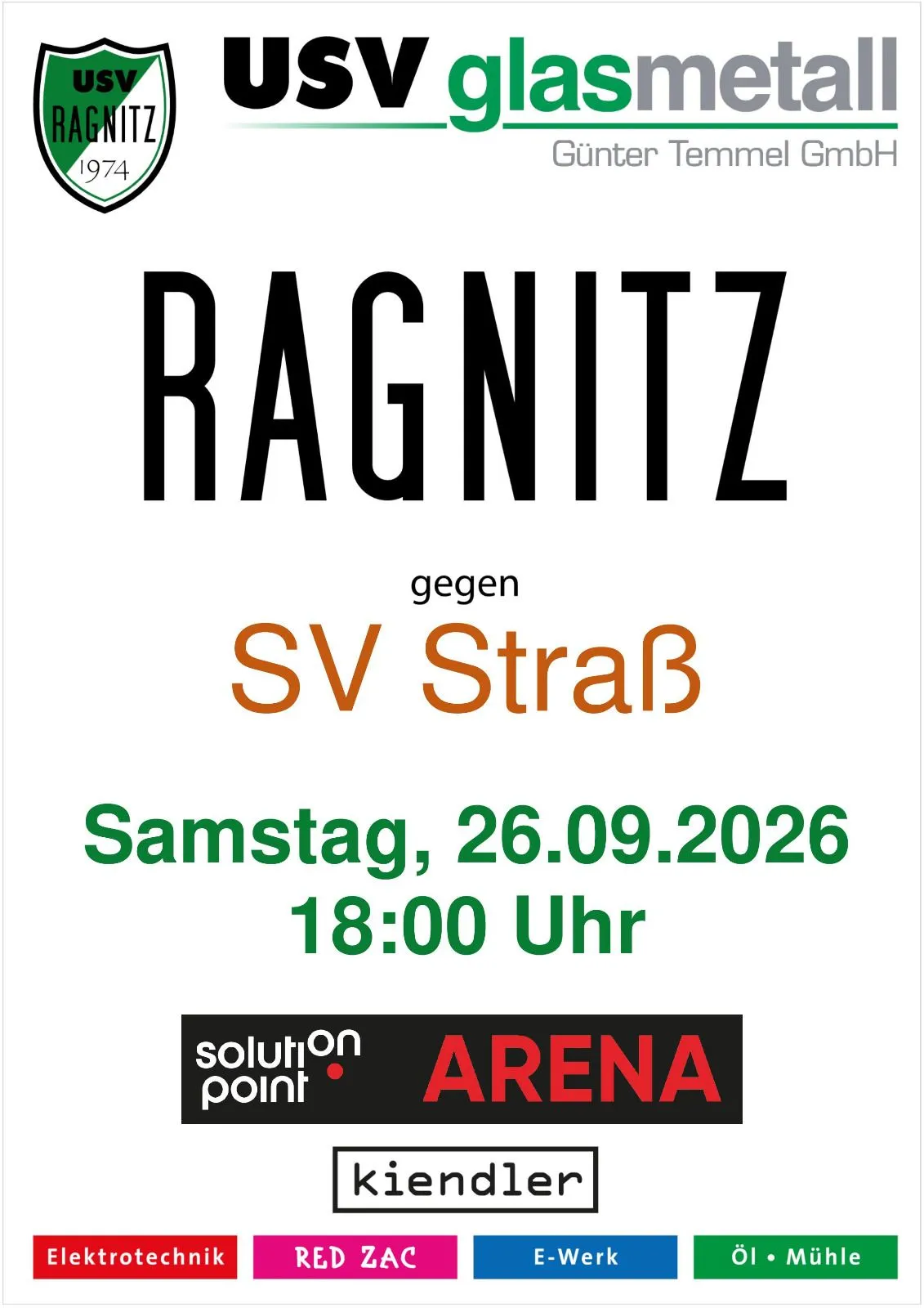 Plakat für ein Fußballspiel zwischen Ragnitz und SV StraB am 26.09.2026 um 18:00 Uhr.