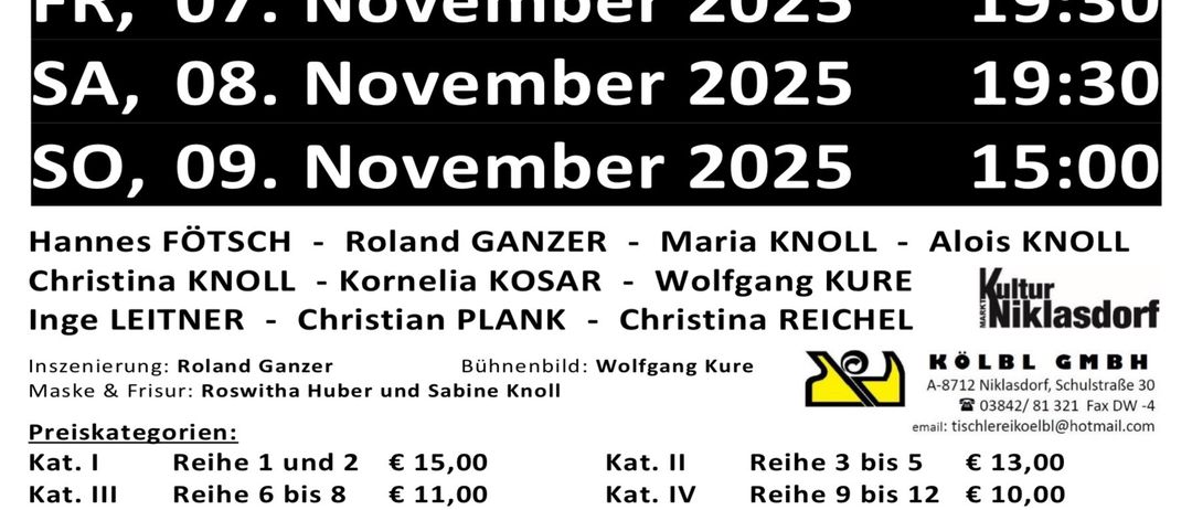 Plakat für eine Komödie 'More im Hemd' in 3 Akten von Roland Ganzer. Termine: 7. Nov, 19:30; 8. Nov, 19:30; 9. Nov, 15:00. VAZ Niklasdorf. Preiskategorien und Preise aufgelistet. Weitere Details und Kartenverkaufsinfos angegeben.