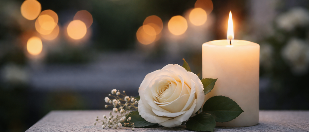 Eine weiße Kerze mit einer Rose und Blättern auf einer grauen Oberfläche. Der Hintergrund ist verschwommen.