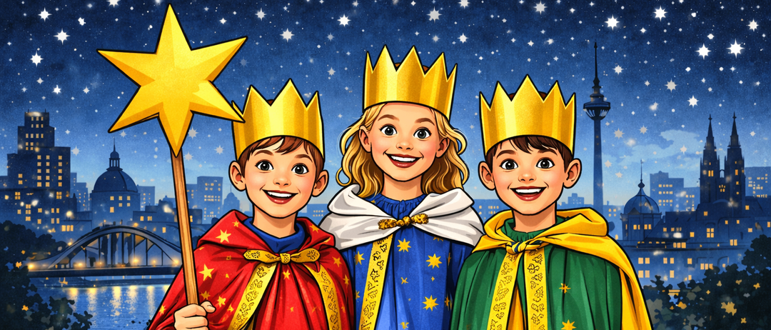 Drei Kinder, gekleidet als Könige mit goldenen Kronen, lächeln vor einer nächtlichen Stadtsilhouette. Ein Kind hält einen Sternenstab.