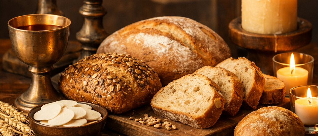 Auf einem Holztisch sind Brot, Wein und brennende Kerzen zu sehen, was eine religiöse Zeremonie symbolisiert. Im Hintergrund ist ein Kreuz mit einem weißen Tuch geschmückt.