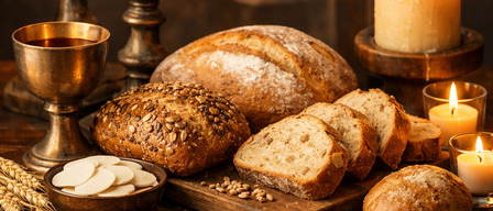Auf einem Holztisch sind Brot, Wein und brennende Kerzen zu sehen, was eine religiöse Zeremonie symbolisiert. Im Hintergrund ist ein Kreuz mit einem weißen Tuch geschmückt.