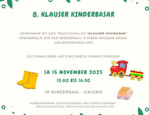Der 8. Klauser Kinderbasar verwandelt den Wintersaal in einen großen Basar einzigartiger Artikel. Gehostet am 15. November 2025 von 13:00 bis 16:30 im Wintersaal-Galerie. Artikel umfassen Kleidung, Spielzeug, Bücher und mehr.