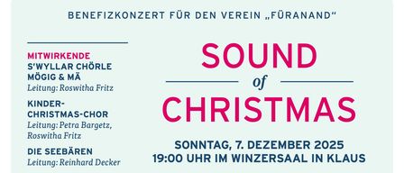 Weihnachtschor unter der Leitung von Petra Bargetz und Roswitha Fritz. Die Seebaren unter der Leitung von Reinhard Decker. Trio mit Charly Mathies, Reinhard Schneider und Helmut Ender. Die Veranstaltung wird von Christine Endrich organisiert. Der Veranstaltungsort ist Meyer's Genussfabrik und MSC Weiler. Die Veranstaltung wird von Freiwillige Spenden unterstützt. Das Konzert findet am Sonntag, 7. Dezember 2025, um 19:00 Uhr im Wintersaal in Klaus statt.