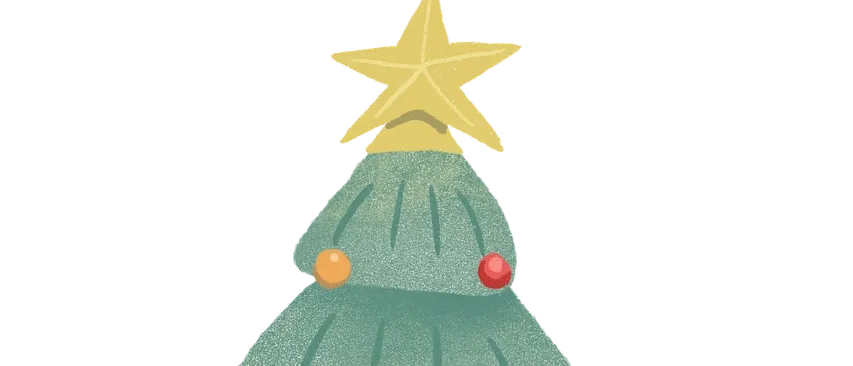 Eine grüne Weihnachtsbaum mit roten und orangenen Kugeln und einem gelben Stern oben, vor einem schwarzen gestreiften Hintergrund.