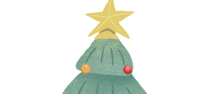 Eine grüne Weihnachtsbaum mit roten und orangenen Kugeln und einem gelben Stern oben, vor einem schwarzen gestreiften Hintergrund.