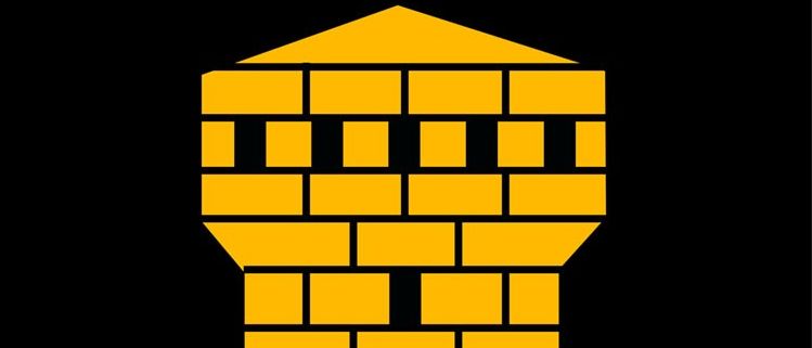 Ein schwarzer Schild mit einem gelben Ziegelturm und zwei grünen Blättern am unteren Rand.