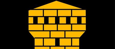 Ein schwarzer Schild mit einem gelben Ziegelturm und zwei grünen Blättern am unteren Rand.