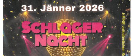 Das Poster bewirbt eine Schlager-Nacht mit DJ Dio Valley, mit einer Discokugel und bunten Lichtern im Hintergrund. Ein Mann mit Kopfhörern und Brille lächelt, während er an einem DJ-Pult steht.
