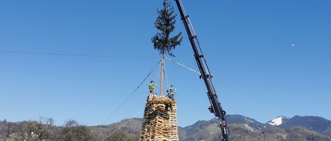 Arbeiter benutzen einen Kran, um einen Baum auf einen Holzstapel auf einem Feld zu setzen. Im Hintergrund sind Berge zu sehen.