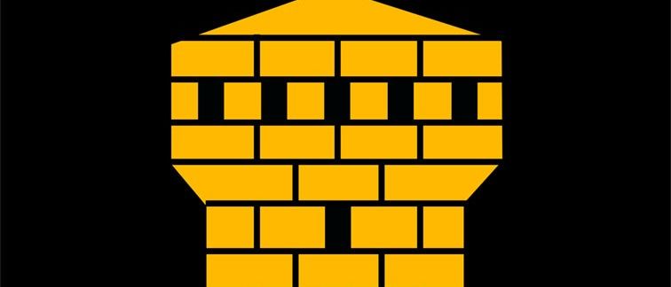 Ein Schild mit einem gelben Ziegelturm mit mehreren Fenstern, vor schwarzem Hintergrund. Der Turm wird von zwei grünen Blättern flankiert.