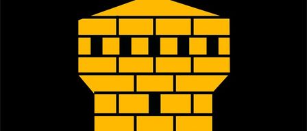 Ein Schild mit einem gelben Ziegelturm mit mehreren Fenstern, vor schwarzem Hintergrund. Der Turm wird von zwei grünen Blättern flankiert.