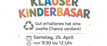 Poster for Klauser Children's Flea Market on April 25th from 9:30 to 12 with coffee, toys, books, and more. Entry fee: 10 euros.