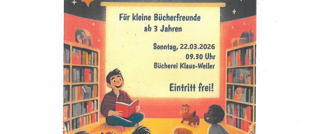 Einladung zum Bilderbuchkino für Kinder ab 3 Jahren. Datum: 22.03.2026, Zeit: 09:30 Uhr. Veranstaltet von der Bucherei Klaus-Weiler. Eintritt frei.