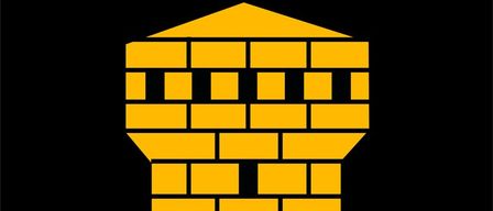 A golden castle with three windows on a black shield. The castle is brick with a pointed roof. Below, two green leaves are visible.