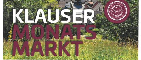 Werbeplakat für den Klauser Monatsmarkt in Österreich. Der Markt beginnt am 3. April 2026 und läuft von 16 bis 19 Uhr, endet um 21 Uhr. Das Event präsentiert lokale Produkte aus Klaus.