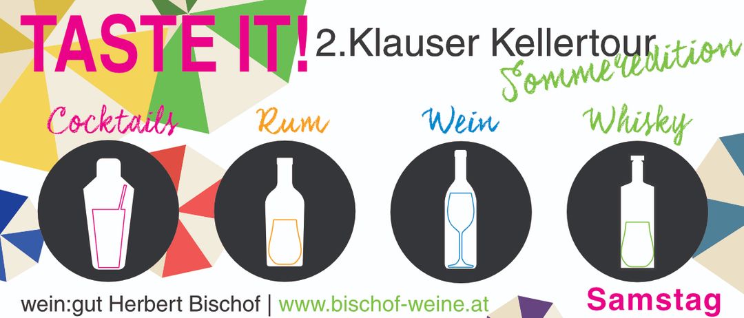 Plakat mit Wein, Rum und Cocktails. Es sagt 'Verkosten Sie es', '2. Klauser Kellert', und enthält Logos und Website-Adressen.