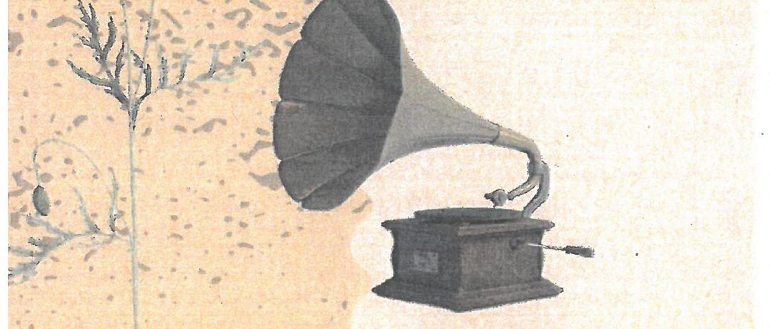 Ein Vintage-Bild zeigt ein Grammophon mit einer Blume und einer Briefmarke an der Seite. Das Wort 'MARKT' ist oben angezeigt.
