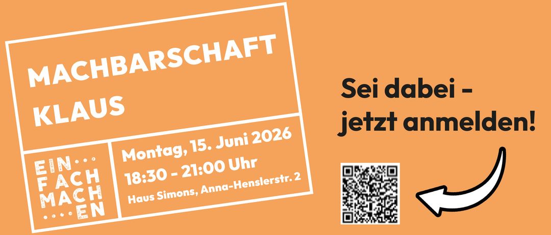 Oranger Plakat mit weißem Text, der 'SCHAF' und 'Tag, 15. Juni 2026 0-21:00 Uhr Simons, Anna-Hensslerstr. 2' sagt. Ein QR-Code ist unten rechts.