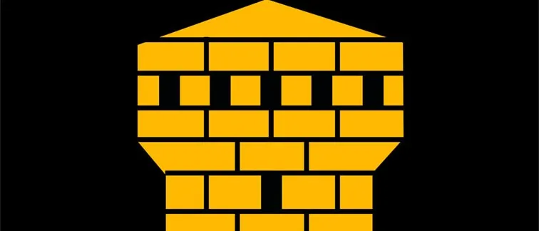 Eine Illustration eines gelben Backsteinturms mit einem schwarzen Bogeneingang und grünen Blättern unten.