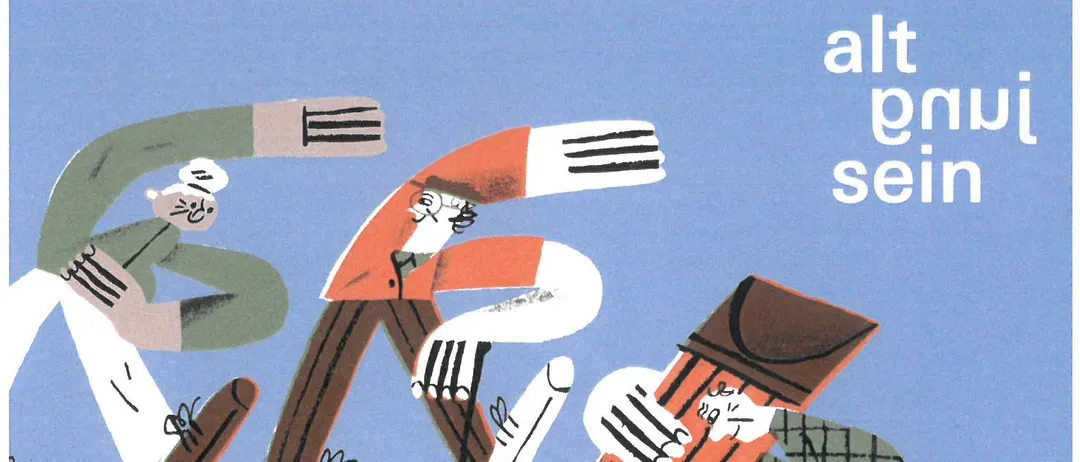 Eine Illustration von älteren Menschen, die verschiedene Aktivitäten wie Lesen, Sport treiben und Rätsel lösen. Das Bild hat einen blauen Hintergrund mit Text auf Deutsch.