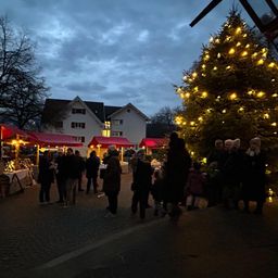 Eine Gruppe von Menschen versammelt sich bei Nacht um einen großen Weihnachtsbaum. Der Baum ist mit Lichtern geschmückt. In der Nähe befinden sich mehrere Stände mit roten Vordächern.