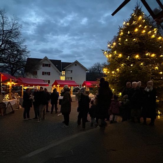 Eine Gruppe von Menschen versammelt sich bei Nacht um einen großen Weihnachtsbaum. Der Baum ist mit Lichtern geschmückt. In der Nähe befinden sich mehrere Stände mit roten Vordächern.