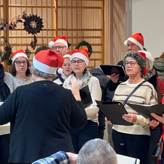 Ein Chor in Weihnachtsmützen singt und hält Notenblätter. Im Hintergrund hängen Weihnachtsdekorationen an einer Holzwand.