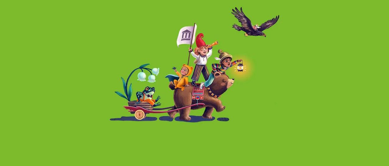 Eine Illustration eines Umzugs mit einem Bären, der einen Karren zieht, mit Kindern, einem Frosch, einem Vogel und einer Flagge vor einem grünen Hintergrund.
